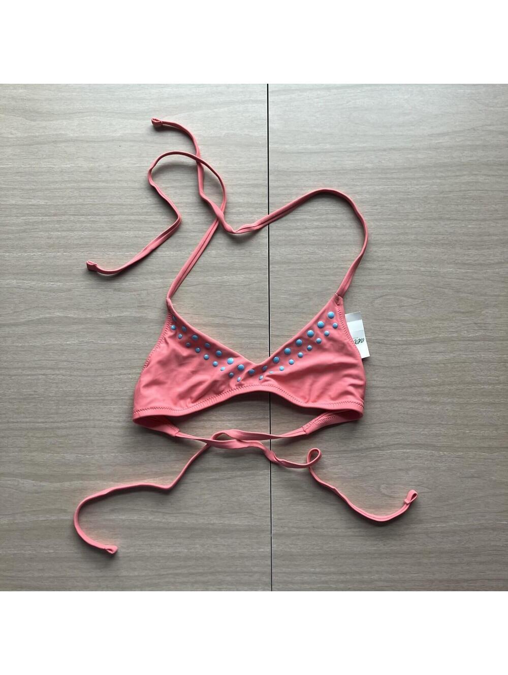 Aerie Swim Bikini Top Y2K Vibe Voop Tie Top Pink Coral Blue Studs XS New